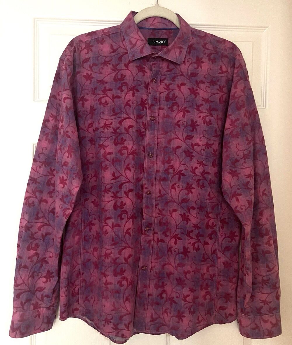Spazio Men’s Burgundy pink Velvet Leaf Jacquard Shirt Sz M Standout Club Wear